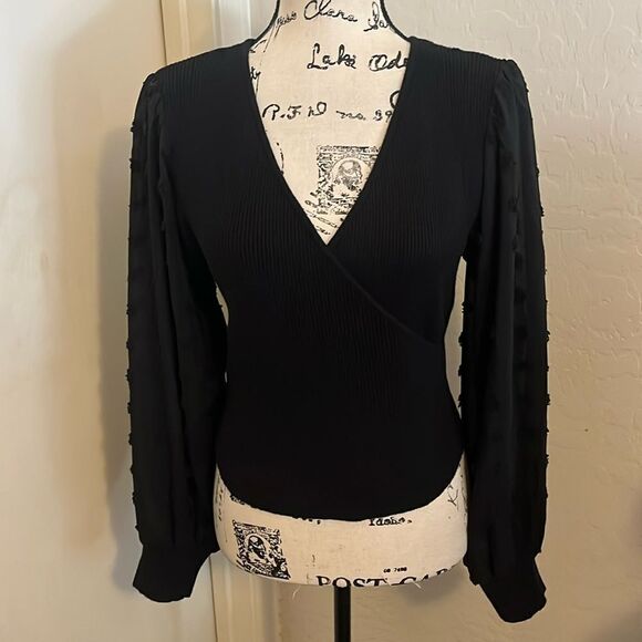 Lulu’s Black Textured Semi Sheer Sleeve Ribbed Style V-Neck Top - Picture 1 of 9